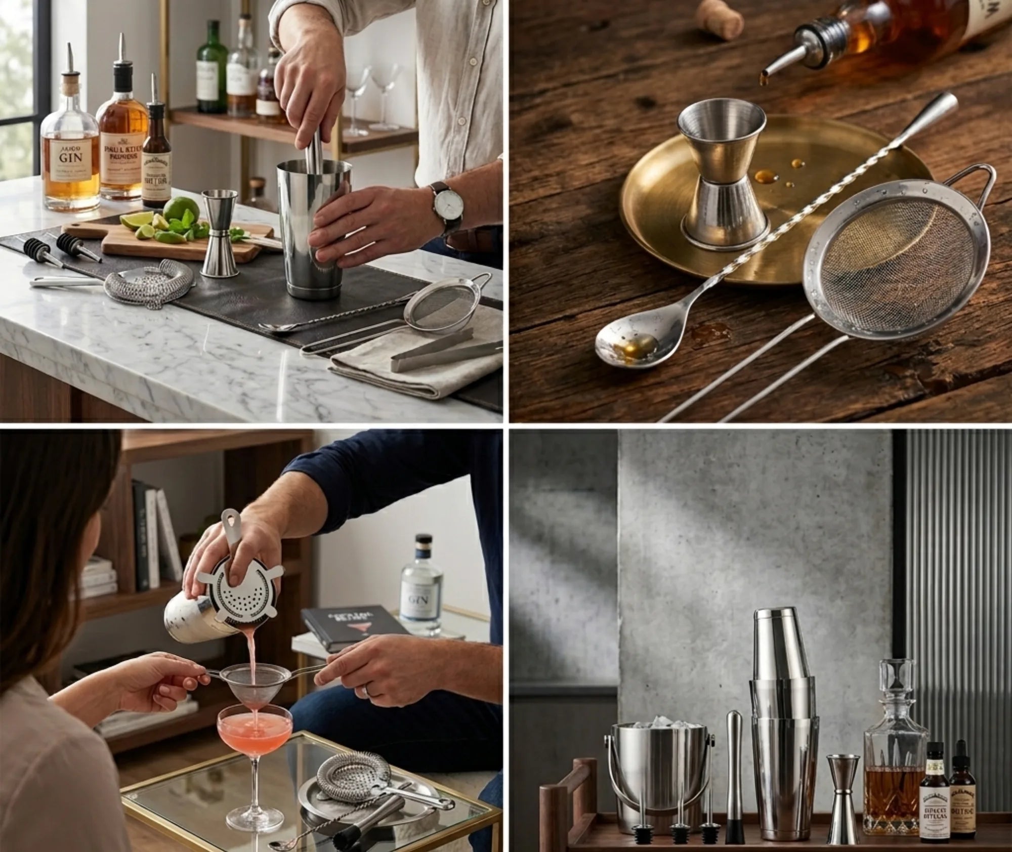 Collage de quatre scènes de vie illustrant l'utilisation du kit ustensile cocktail lors de la préparation de cocktails entre amis.