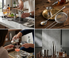 Collage de quatre scènes de vie illustrant l'utilisation du kit ustensile cocktail lors de la préparation de cocktails entre amis.