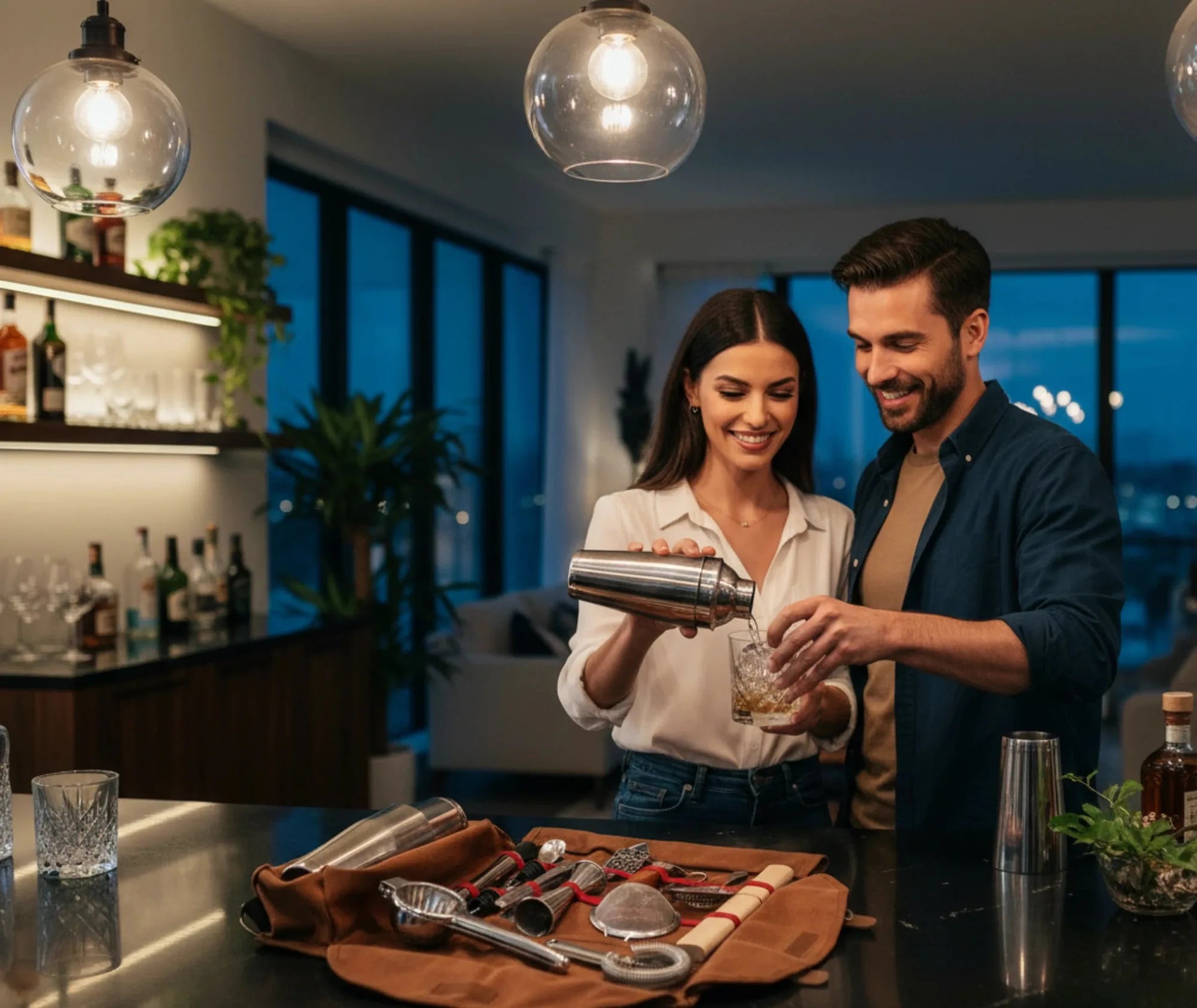 Un couple prépare un cocktail au shaker dans un bar d'appartement moderne en soirée, avec le kit ustensile cocktail posé sur le comptoir.
