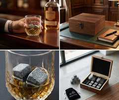 Collage de présentation du kit de verres à whisky : ambiance cheminée, coffret en bois fermé sur un bureau, gros plan sur les pierres à whisky dans un verre, et vue d'ensemble du coffret ouvert avec verres, pierres et pochette.