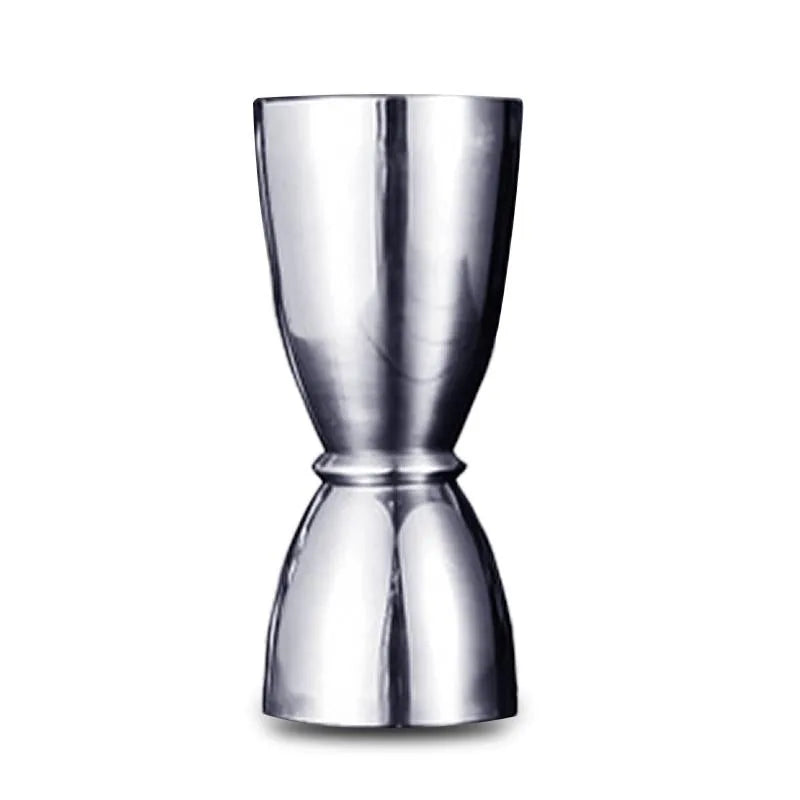 Mesure de bar double en acier inoxydable argenté, photographiée sur fond blanc.