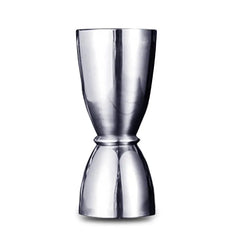 Mesure de bar double en acier inoxydable argenté, photographiée sur fond blanc.