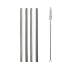 Lot de quatre mini pailles cocktail en acier inoxydable avec leur goupillon de nettoyage, présentées sur fond blanc.