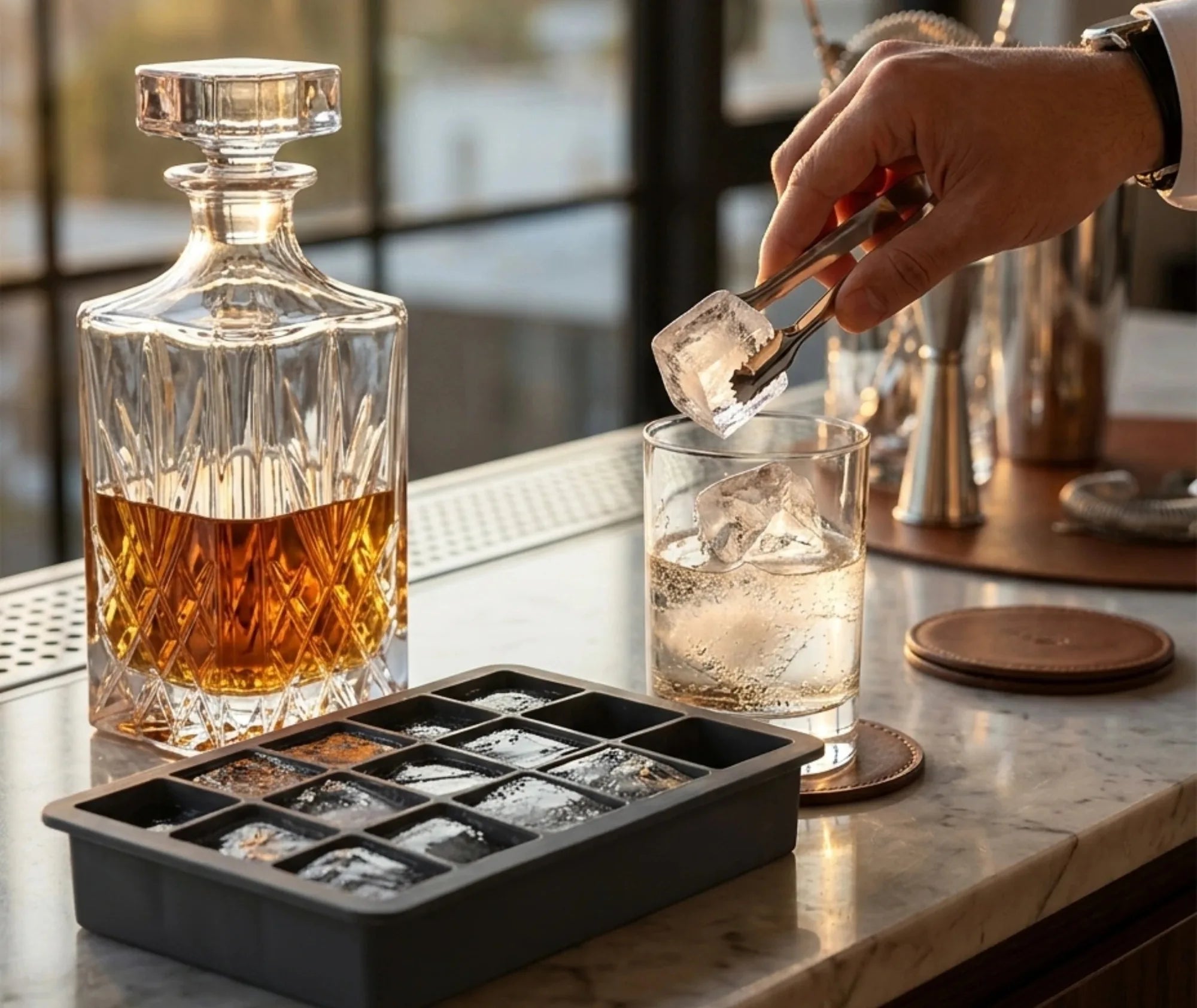 Utilisation du moule à glaçons silicone dans un bar, glaçon saisi à la pince au-dessus d'un verre avec une carafe de whisky