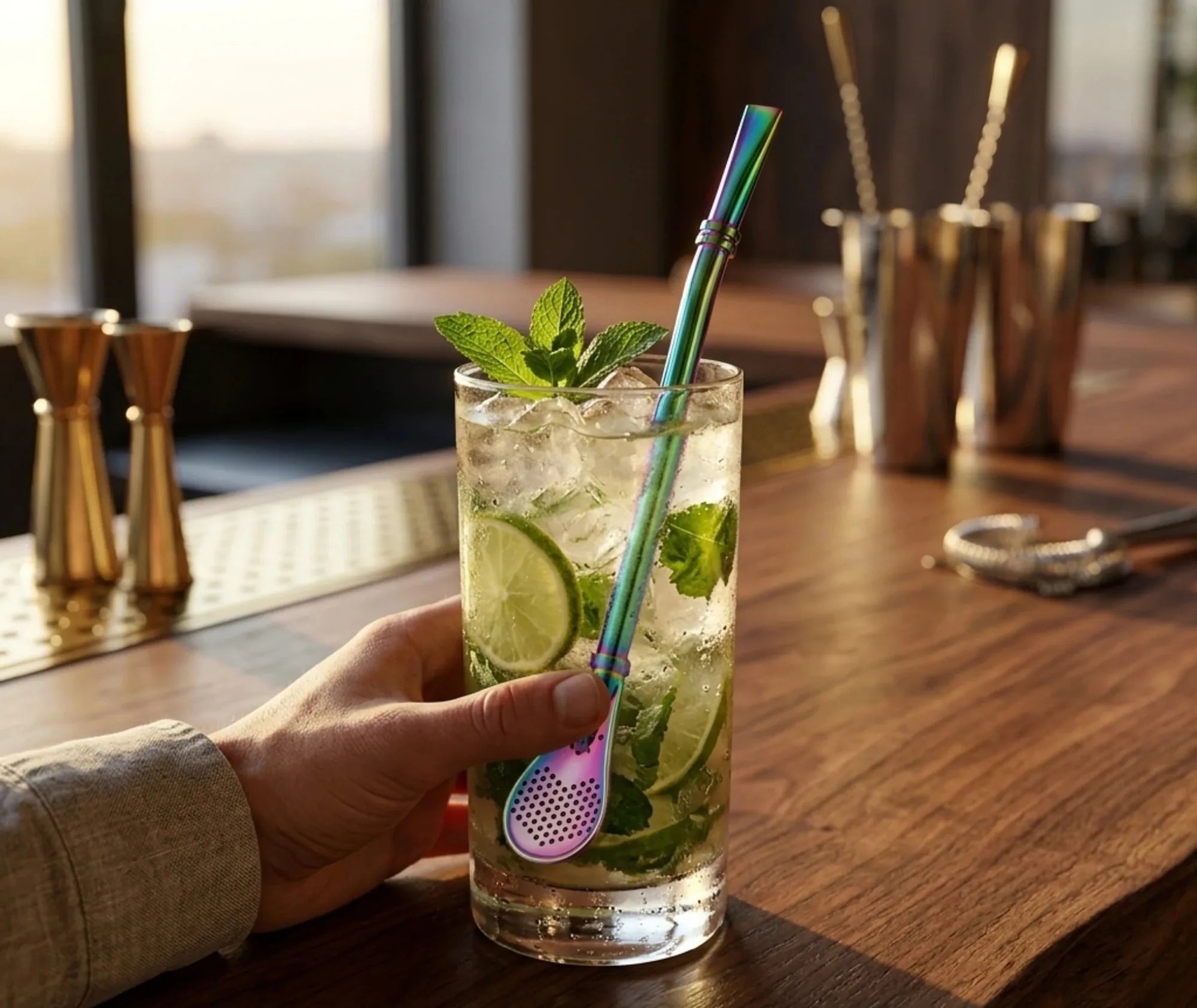 Main tenant une paille à mojito en métal irisée dans un verre de mojito garni de rondelles de citron vert, sur un comptoir de bar.