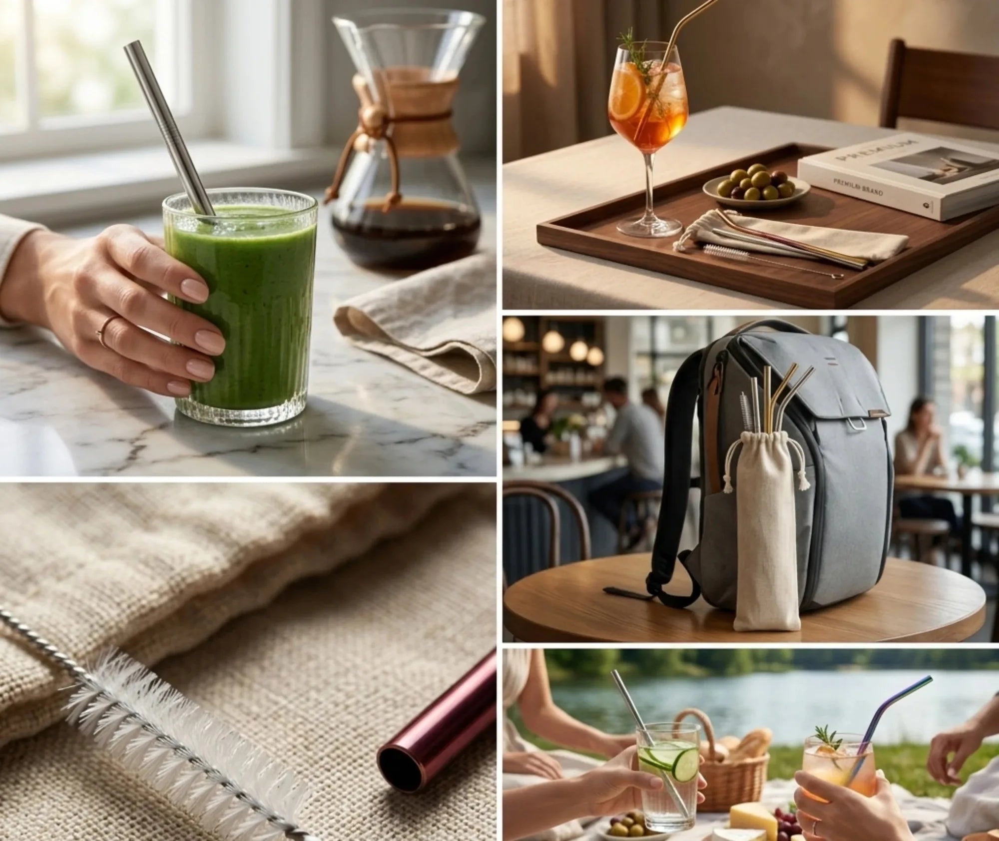 Collage de photos montrant les pailles cocktail utilisées au quotidien : smoothie, apéritif spritz, sac à dos de voyage, pique-nique en extérieur