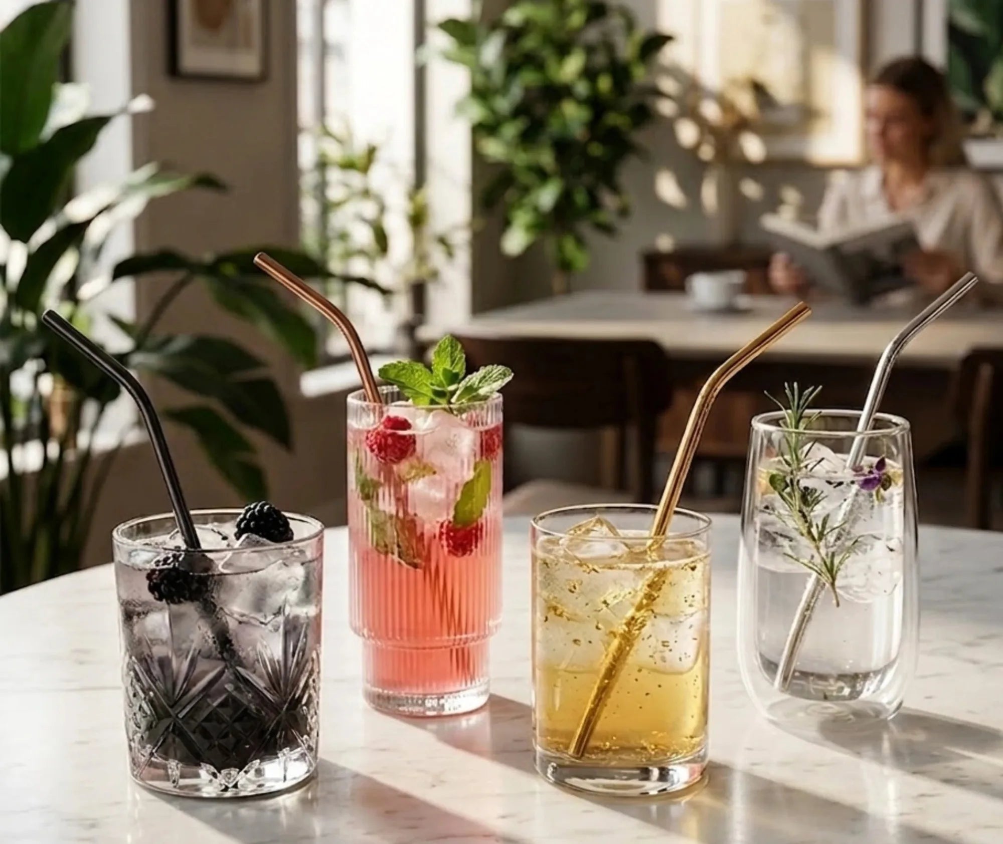 Quatre verres à cocktail garnis de fruits rouges et d'herbes fraîches, chacun équipé d'une paille en inox colorée, posés sur une table dans un café lumineux.