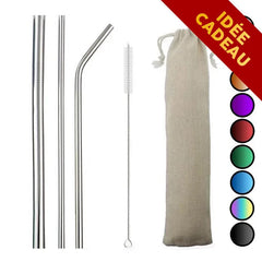 Kit de pailles cocktail en inox argenté avec bandeau idée cadeau et nuancier des couleurs disponibles