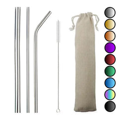 Kit de pailles cocktail en inox argenté avec brosse de nettoyage, pochette en toile beige et nuancier des couleurs disponibles