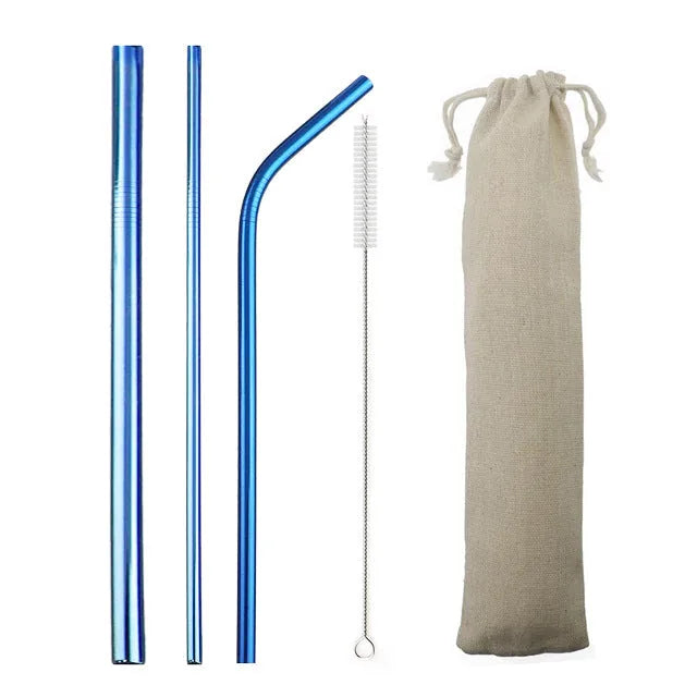 Kit de pailles cocktail en inox bleu avec brosse de nettoyage et pochette en toile beige