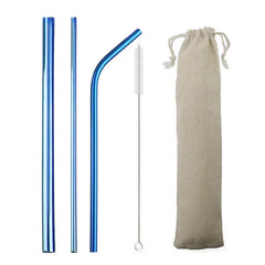 Kit de pailles cocktail en inox bleu avec brosse de nettoyage et pochette en toile beige