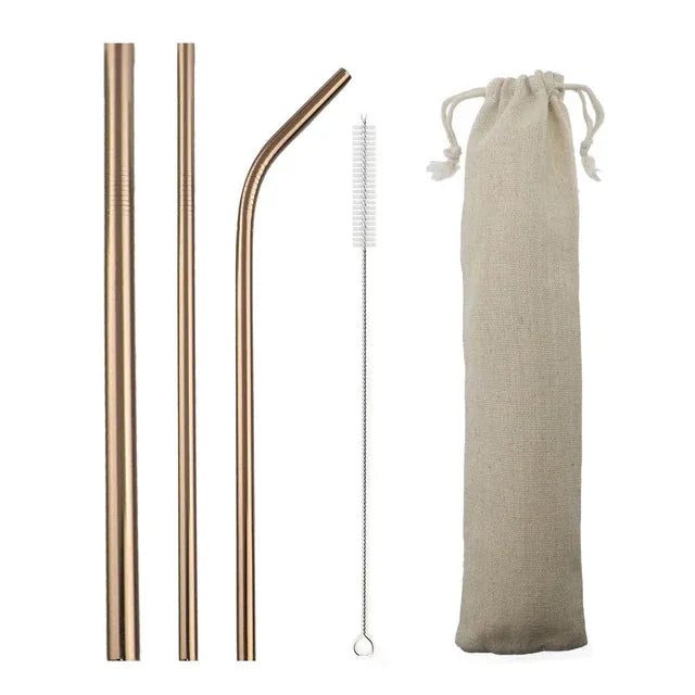 Kit de pailles cocktail en inox couleur bronze cuivré avec brosse de nettoyage et pochette en toile beige