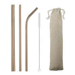 Kit de pailles cocktail en inox couleur bronze cuivré avec brosse de nettoyage et pochette en toile beige