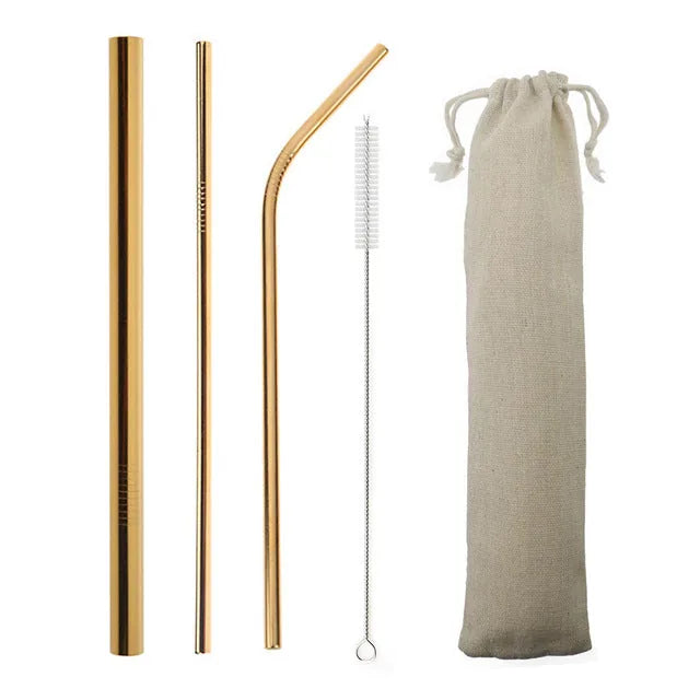 Kit de pailles cocktail en inox doré avec brosse de nettoyage et pochette en toile beige