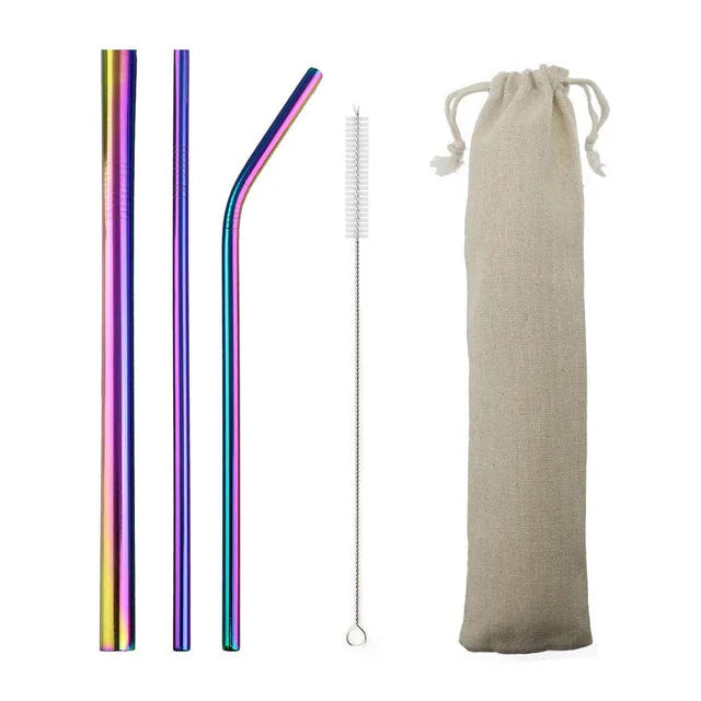 Kit de pailles cocktail en inox multicolore irisé avec brosse de nettoyage et pochette en toile beige