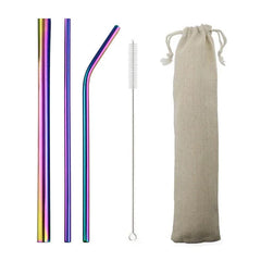 Kit de pailles cocktail en inox multicolore irisé avec brosse de nettoyage et pochette en toile beige
