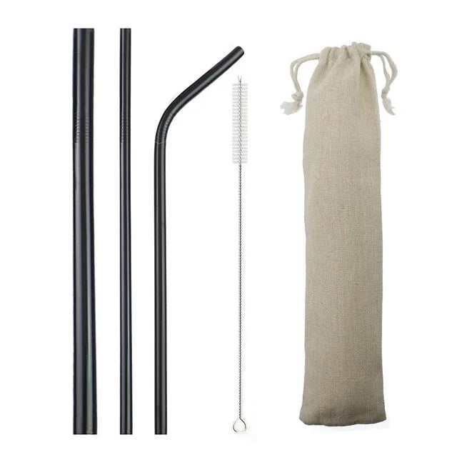Kit de pailles cocktail en inox noir mat avec brosse de nettoyage et pochette en toile beige