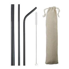 Kit de pailles cocktail en inox noir mat avec brosse de nettoyage et pochette en toile beige