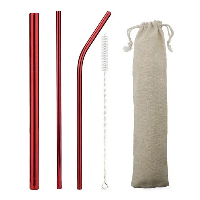 Kit de pailles cocktail en inox rouge avec brosse de nettoyage et pochette en toile beige