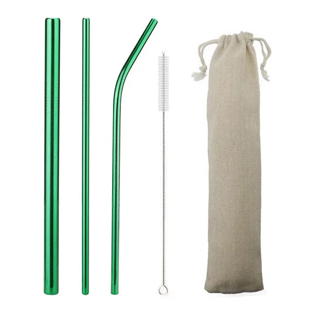 Kit de pailles cocktail en inox vert avec brosse de nettoyage et pochette en toile beige
