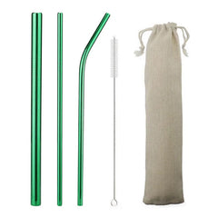 Kit de pailles cocktail en inox vert avec brosse de nettoyage et pochette en toile beige