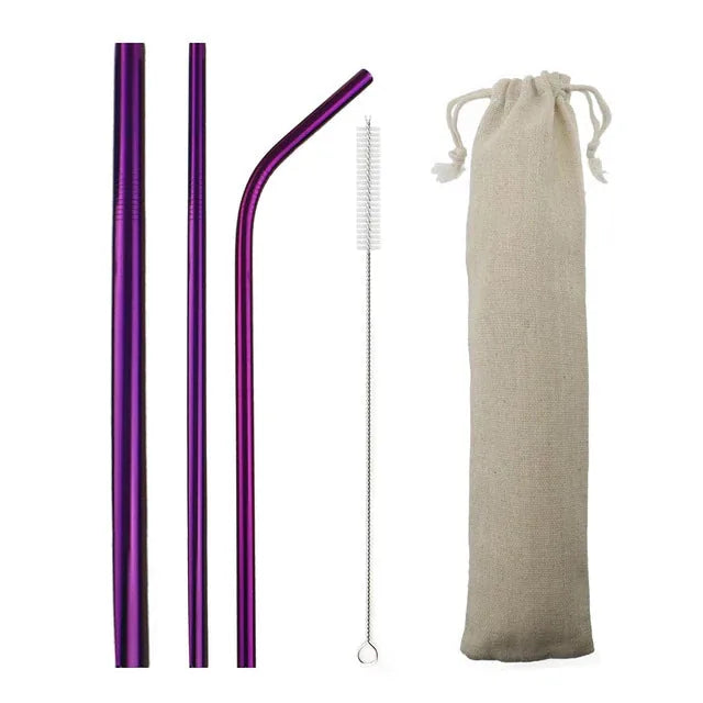 Kit de pailles cocktail en inox violet avec brosse de nettoyage et pochette en toile beige