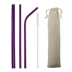 Kit de pailles cocktail en inox violet avec brosse de nettoyage et pochette en toile beige