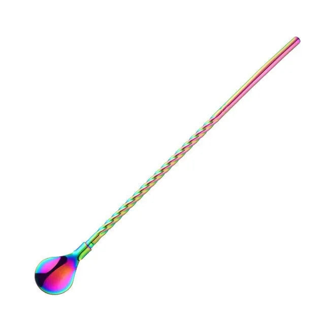 Paille cuillère irisée multicolore effet arc-en-ciel sur fond blanc