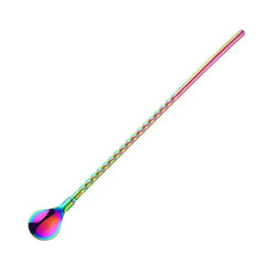 Paille cuillère irisée multicolore effet arc-en-ciel sur fond blanc