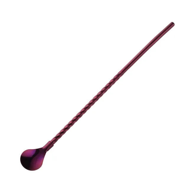 Paille cuillère violette métallisée sur fond blanc avec tige torsadée