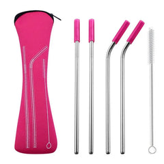 Kit de 4 pailles en métal roses avec étui de transport et brosse de nettoyage