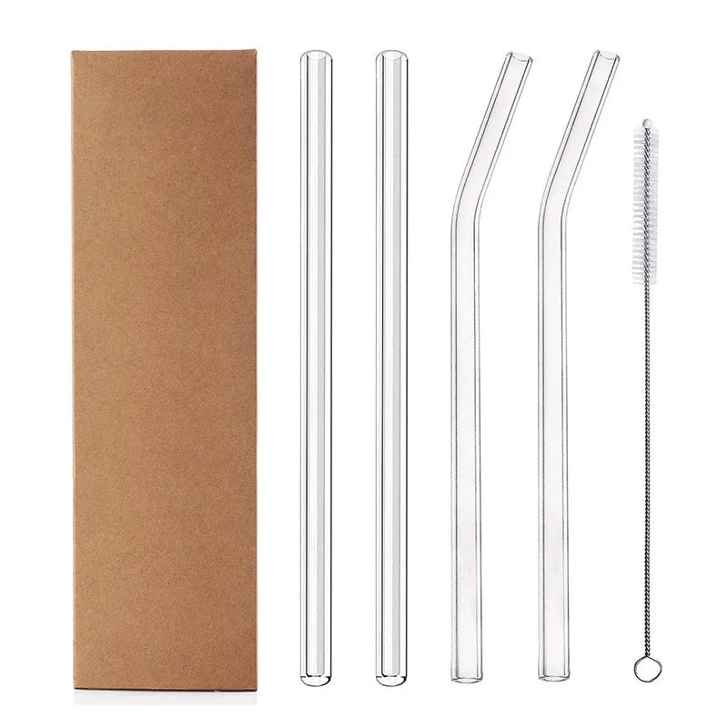 Lot de 4 pailles en verre pour smoothie, 2 courbées et 2 droites, avec goupillon de nettoyage et boîte kraft.
