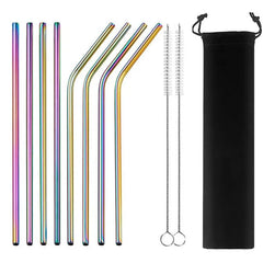 Kit de huit pailles fines en inox multicolore irisé, droites et courbées, avec deux goupillons de nettoyage et pochette de rangement noire