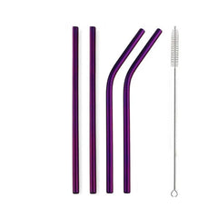Jeu de 4 pailles en métal courtes violettes avec goupillon de nettoyage sur fond blanc