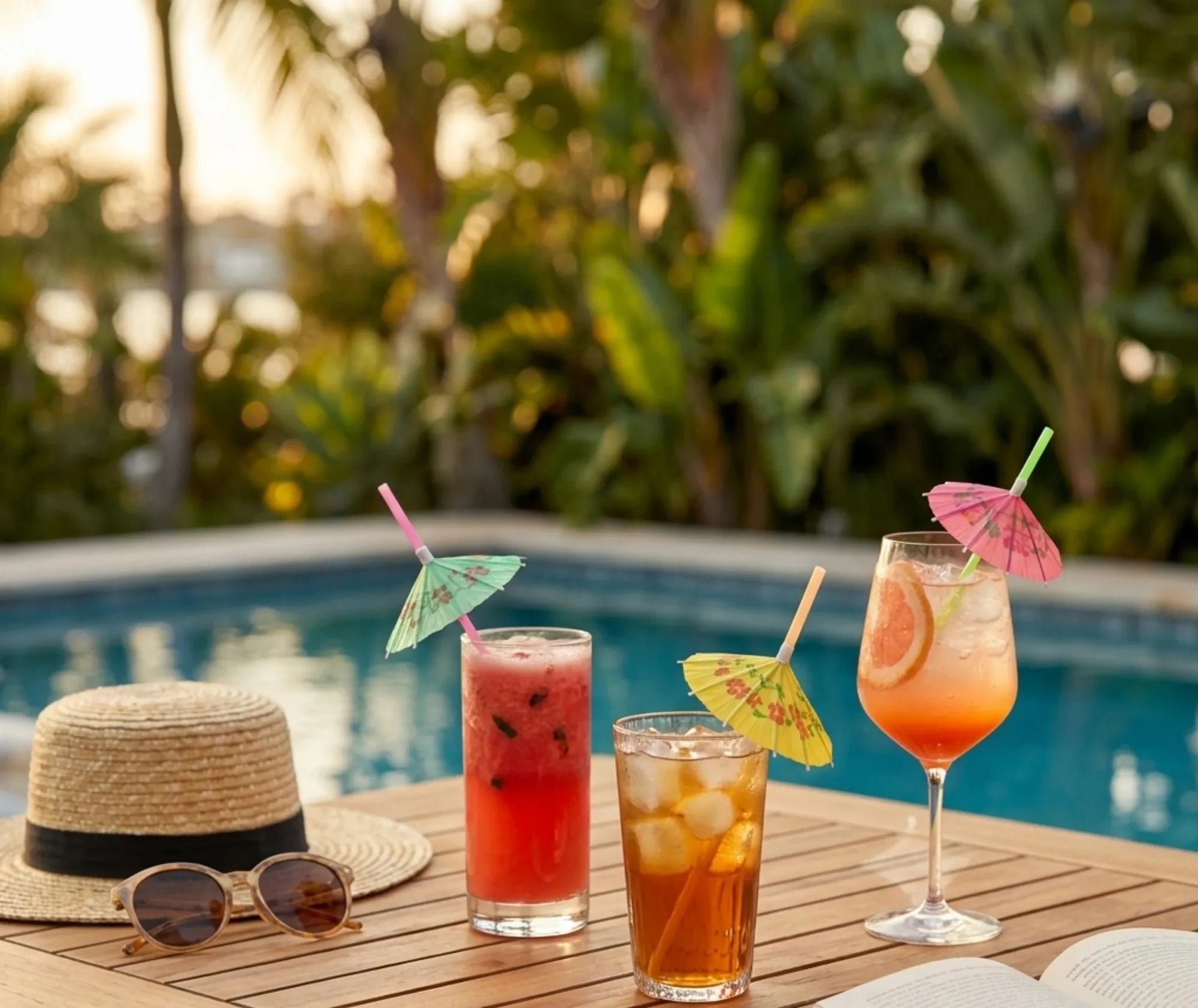 Trois cocktails décorés de pailles à parasol colorées posés sur une table en bois au bord d'une piscine, avec chapeau de paille et lunettes de soleil