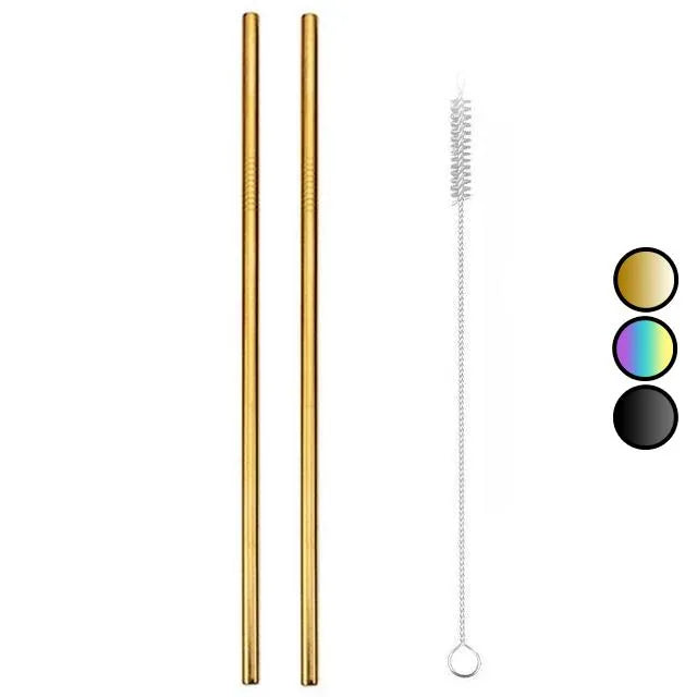 Deux pailles cocktail dorées en inox avec goupillon de nettoyage et nuancier des coloris doré, irisé et noir disponibles