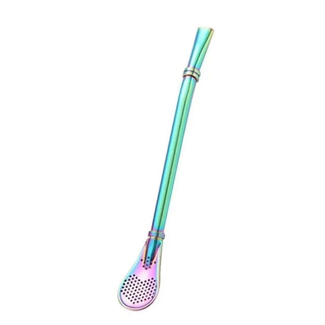 Paille à mojito multicolore irisée avec passoire à glace et embout filtrant, présentée seule sur fond blanc.