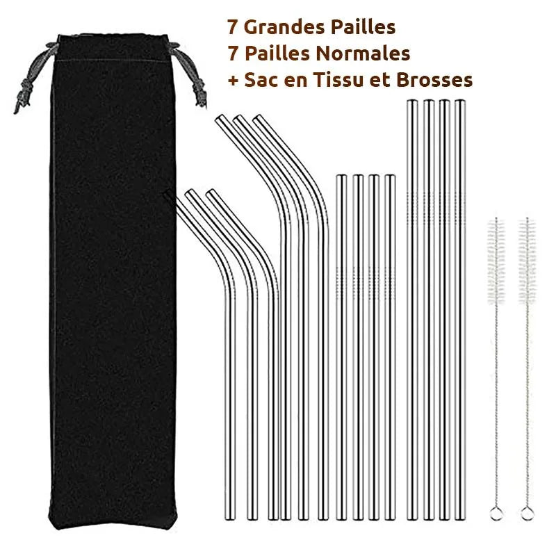 Pack de 14 pailles réutilisables en acier, 7 grandes et 7 normales, avec pochette en tissu noir et deux brosses de nettoyage
