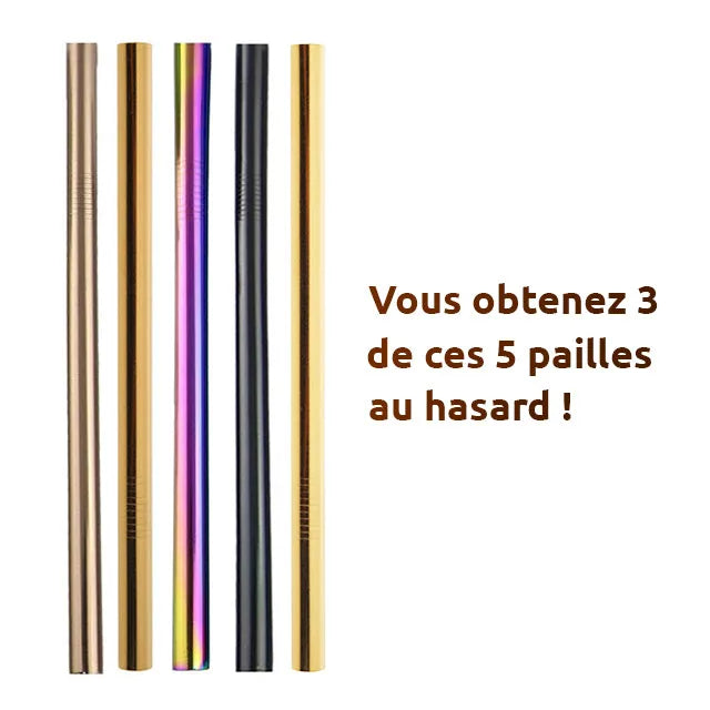 Illustration des cinq coloris disponibles de pailles en inox avec mention que trois pailles sont envoyées au hasard parmi les cinq