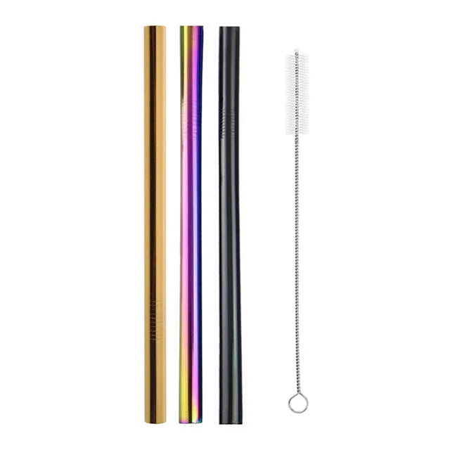 Photo produit de trois pailles réutilisables en inox dorée, irisée et noire accompagnées de leur brosse de nettoyage sur fond blanc