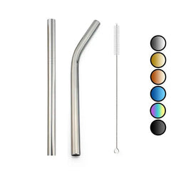 Deux pailles smoothie en inox argenté avec goupillon de nettoyage et nuancier des six couleurs disponibles
