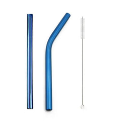 Deux pailles smoothie en inox coudées de couleur bleu métallisé avec goupillon de nettoyage sur fond blanc
