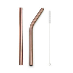 Deux pailles smoothie en inox coudées de couleur cuivre rosé avec goupillon de nettoyage sur fond blanc