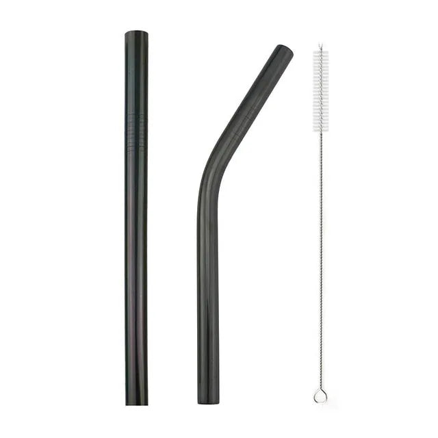 Deux pailles smoothie en inox coudées de couleur noir mat avec goupillon de nettoyage sur fond blanc