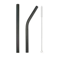 Deux pailles smoothie en inox coudées de couleur noir mat avec goupillon de nettoyage sur fond blanc