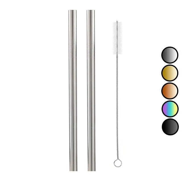 Deux pailles smoothie en inox argenté avec brosse de nettoyage et nuancier des coloris disponibles
