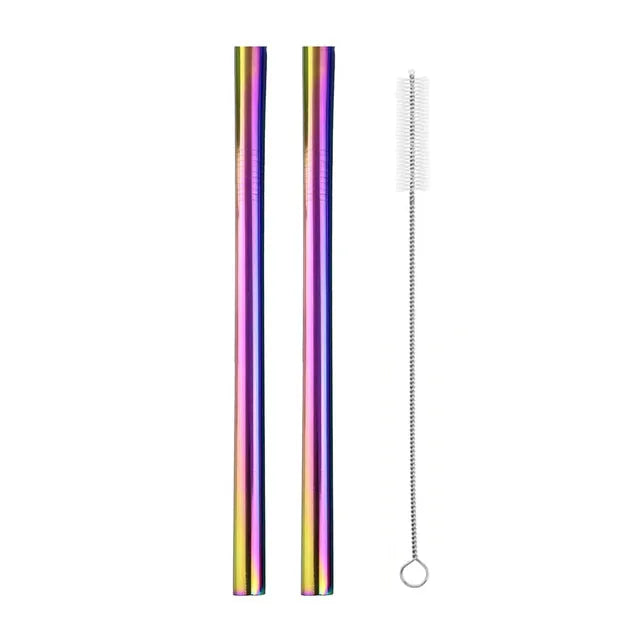 Deux pailles smoothie en inox multicolore irisé avec leur brosse de nettoyage