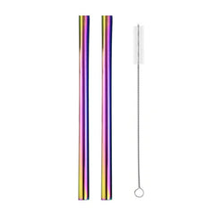 Deux pailles smoothie en inox multicolore irisé avec leur brosse de nettoyage