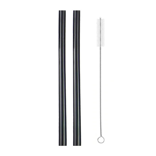 Deux pailles smoothie en inox noir mat avec leur brosse de nettoyage