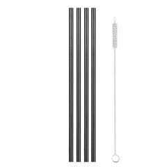 Quatre pailles cocktail noires droites en inox accompagnées d'un goupillon de nettoyage sur fond blanc.